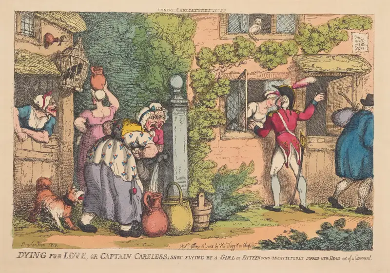 Döende för kärleken, eller kapten Careless skjuten av en femtonårig flicka som oväntat stack ut huvudet genom ett fönster av Thomas Rowlandson