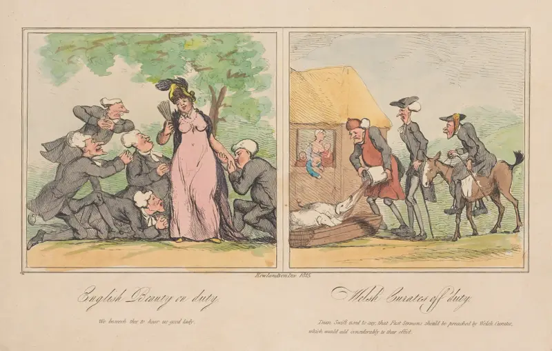 Engelsk skönhet i tjänst. Welsiska präster lediga av Thomas Rowlandson