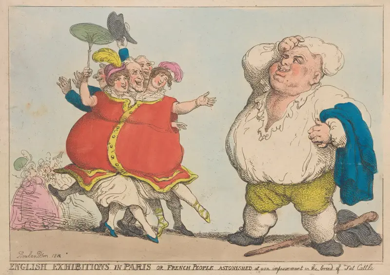 Englische Ausstellungen in Paris, oder Franzosen, erstaunt über unsere Fortschritte in der Zucht von Mastvieh von Thomas Rowlandson