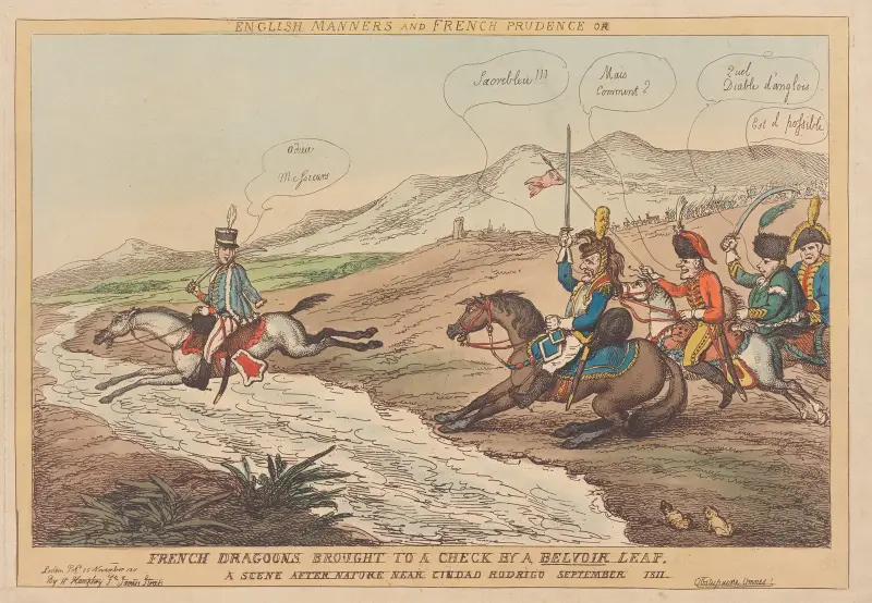 English Manners and French prudence or French dragoons brought to a check by a Belvoir leap. A scene after nature near Ciudad Rodrigo September 1811 av Thomas Rowlandson