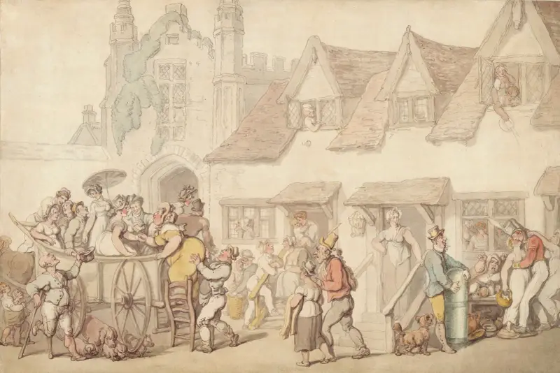 Figures outside a coaching inn von Thomas Rowlandson