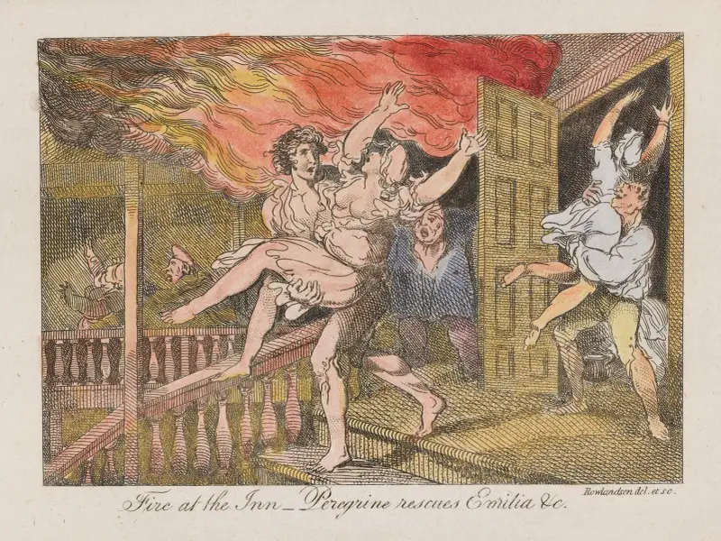 Brand på värdshuset — Perigrine räddar Emilia m.fl. av Thomas Rowlandson