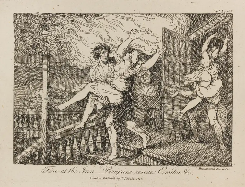 Brand på värdshuset — Perigrine räddar Emilia m.fl. av Thomas Rowlandson