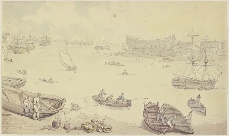 Flod med många skepp och ett skeppsvarv av Thomas Rowlandson