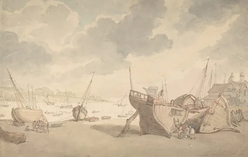 Hamnscen vid lågvatten med uppdragna båtar av Thomas Rowlandson