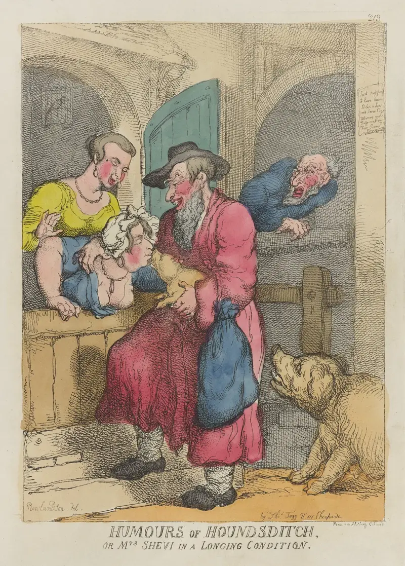 Humours of Houndsditch, or Mrs. Shevi in a longing condition av Thomas Rowlandson