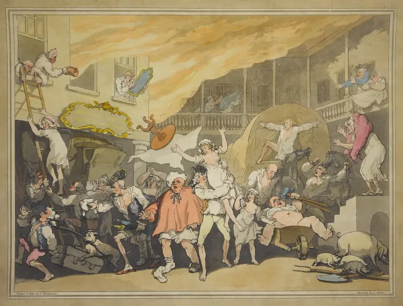 Inn yard on fire, Thomas Rowlandson