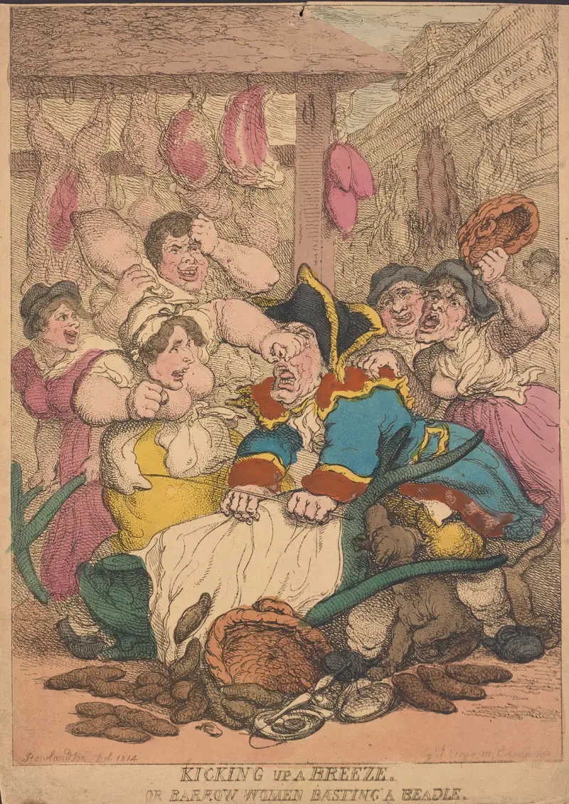Kicking up a breeze. Or barrow Women basting a beadle av Thomas Rowlandson