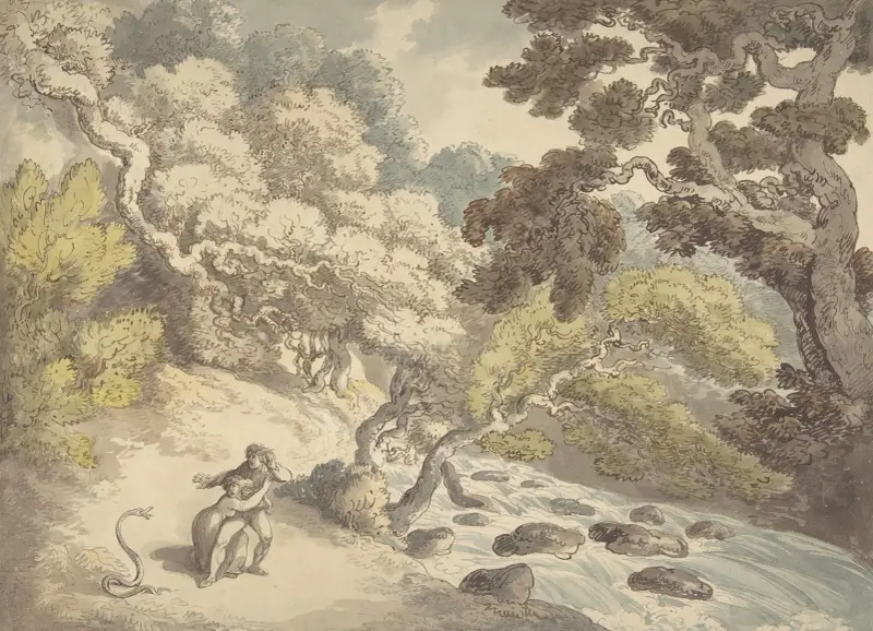 Landscape with rushing stream and a couple on the bank, frightened by a snake av Thomas Rowlandson