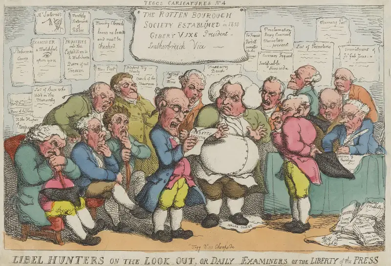 Libelldjägare på utkik, eller dagliga granskare av pressfriheten av Thomas Rowlandson