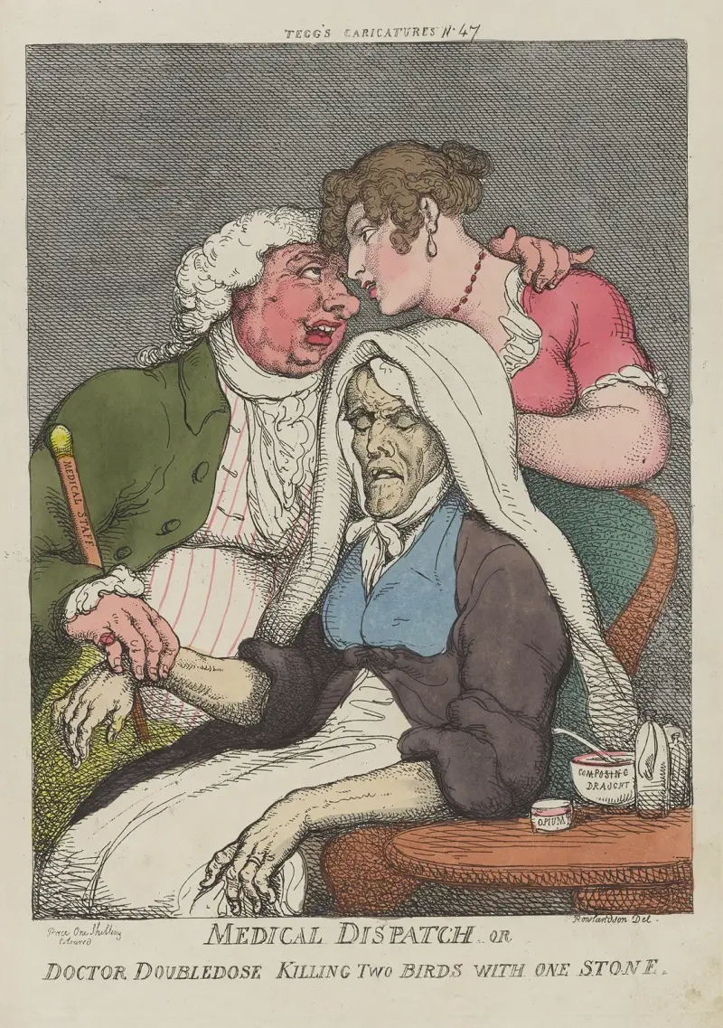 Läkarbud eller doktor Dubbeldos dödar två fåglar med en sten av Thomas Rowlandson