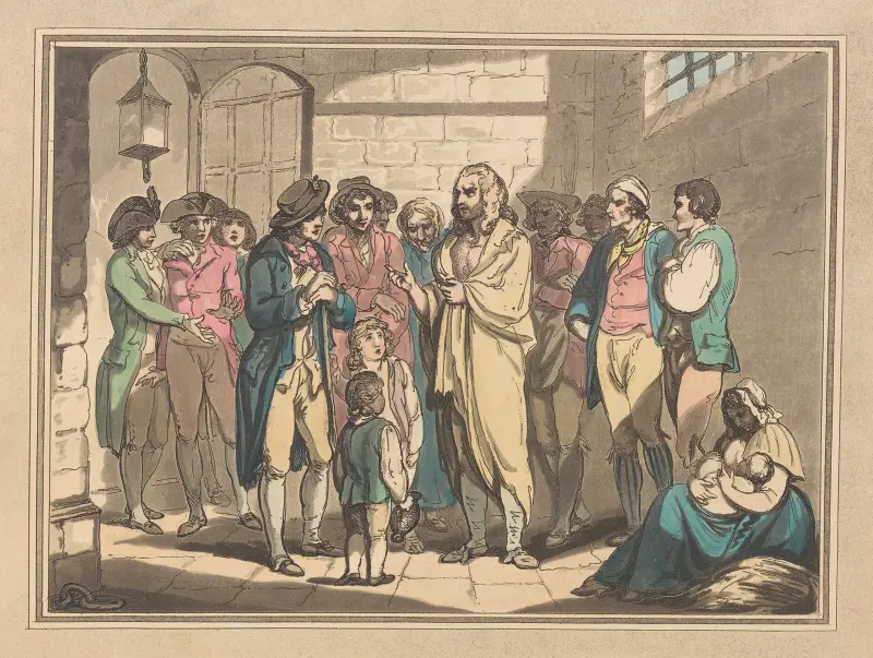 Melopoyn håller tal till fångarna i flottan av Thomas Rowlandson