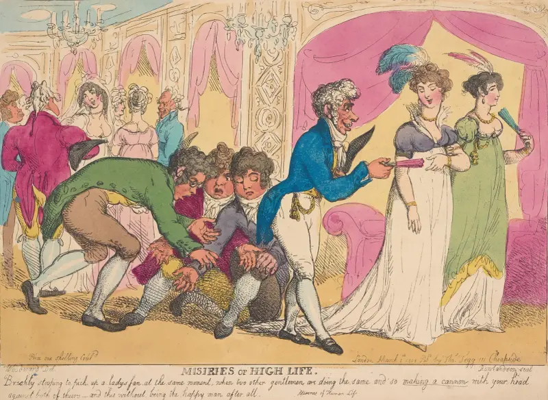 Eländet i det höga livet; att snabbt böja sig ner för att plocka upp en dams solfjäder . . . av Thomas Rowlandson