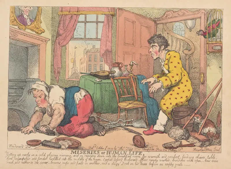 Mänskliga eländen; Att stiga upp tidigt en kall, dyster morgon . . . av Thomas Rowlandson