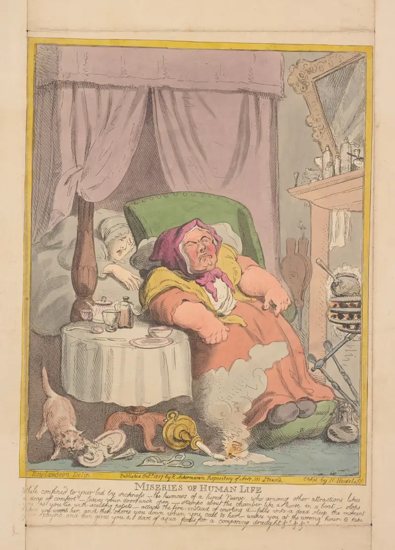 Människolivets elände; medan du är sängliggande av sjukdom – den inhyrda sjuksköterskans humör . . . . . . av Thomas Rowlandson