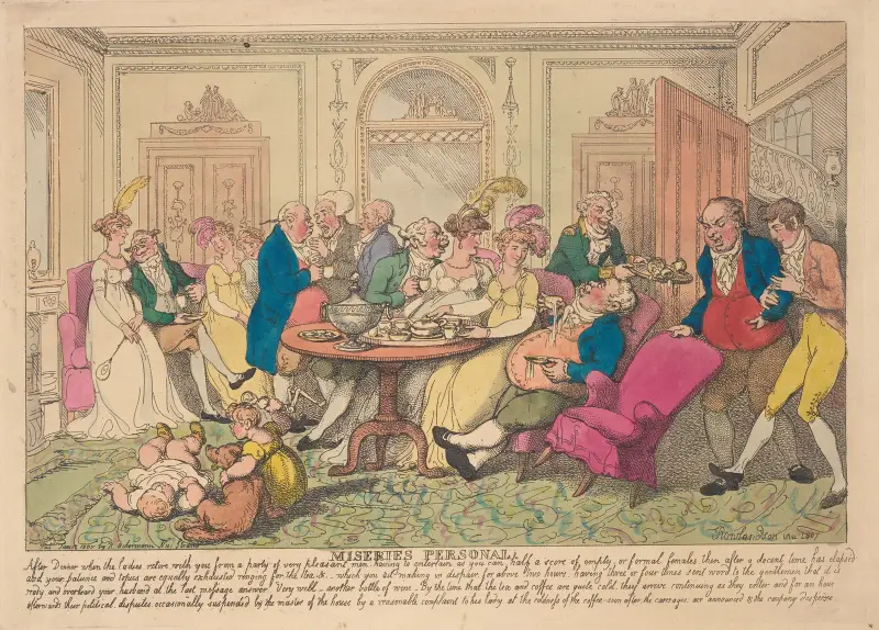 Eländets personliga; Efter middagen när damerna drar sig tillbaka med er från ett sällskap av mycket trevliga män . . . av Thomas Rowlandson