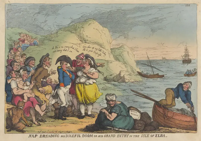 Nap dreading his doleful doom or his grand entry in the Isle of Elba av Thomas Rowlandson
