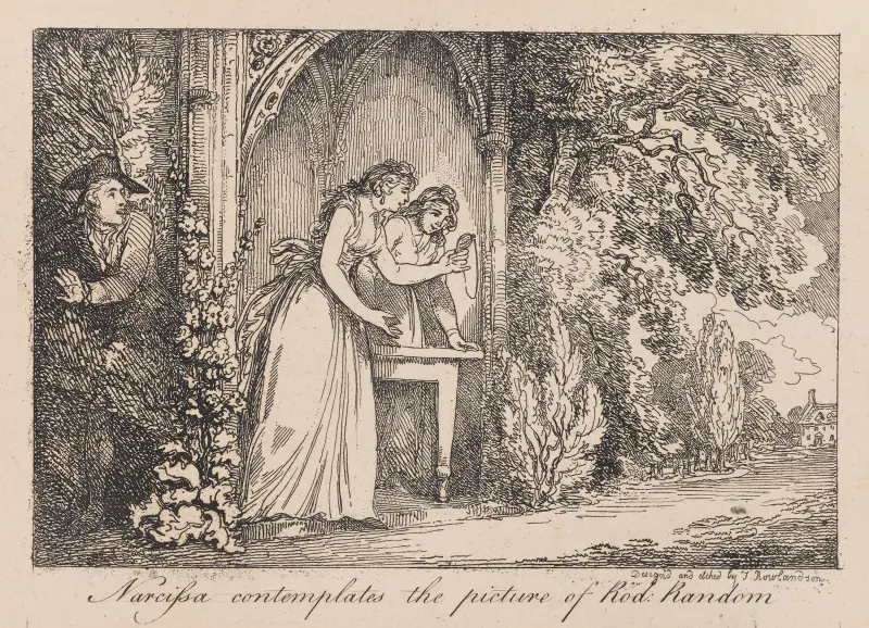 Narcissa betraktar bilden av Rod; Random av Thomas Rowlandson