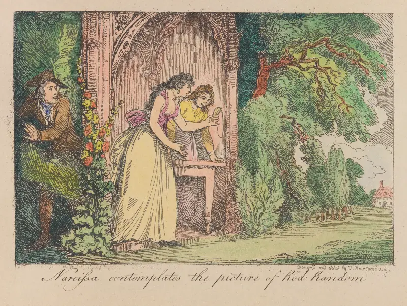 Narcissa betraktar bilden av Rod; Random. av Thomas Rowlandson