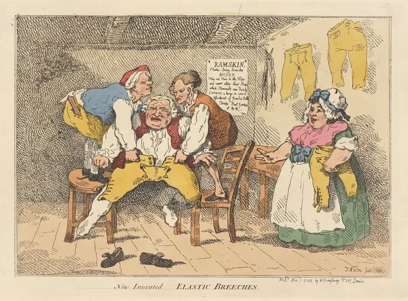 New invented elastic breeches av Thomas Rowlandson