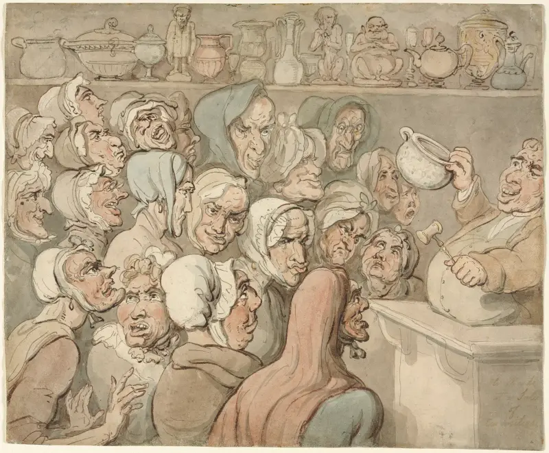 Gamla jungfrur på kuriositetsauktion av Thomas Rowlandson