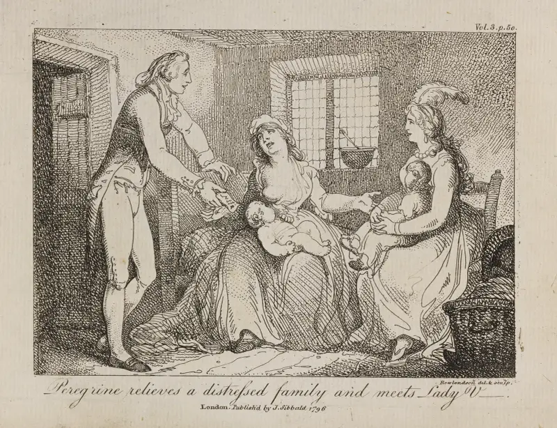 Peregrine relieves a distressed family and meets Lady V av Thomas Rowlandson