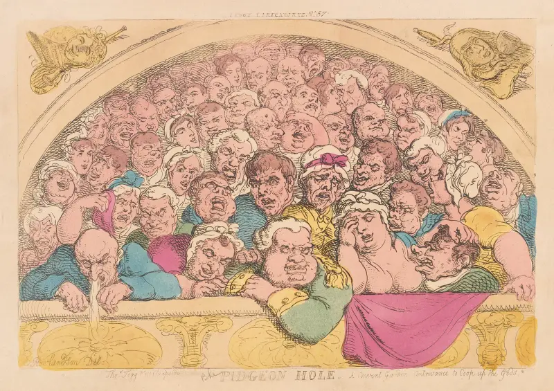 Pidgeon Hole. A convent garden contrivance to coop up the gods av Thomas Rowlandson