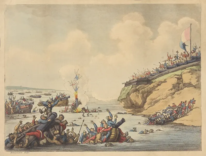 Rehearsal of a French invasion as performed before the invalids at the Islands of St. Marcon on the morning of ye 7 of May 1798 av Thomas Rowlandson