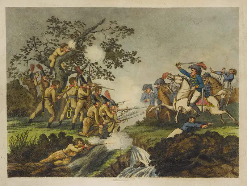Skarp- skyttar attackerade av kavalleri av Thomas Rowlandson