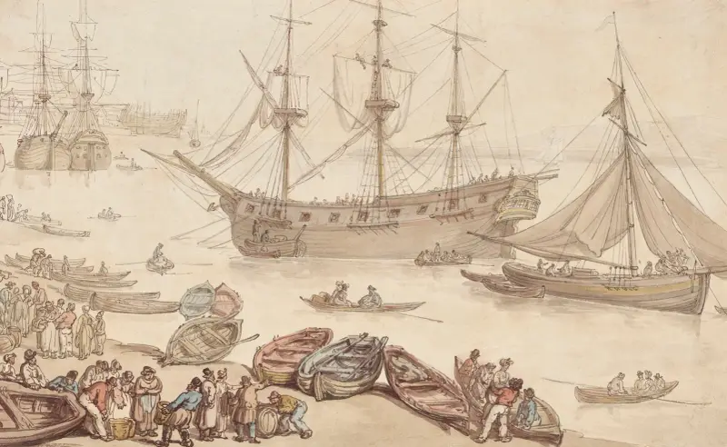Skeppslandning, troligen i Portsmouth av Thomas Rowlandson