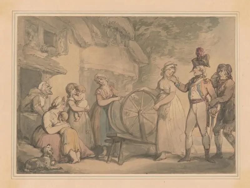 Soldater och bybor utanför en bondgård av Thomas Rowlandson