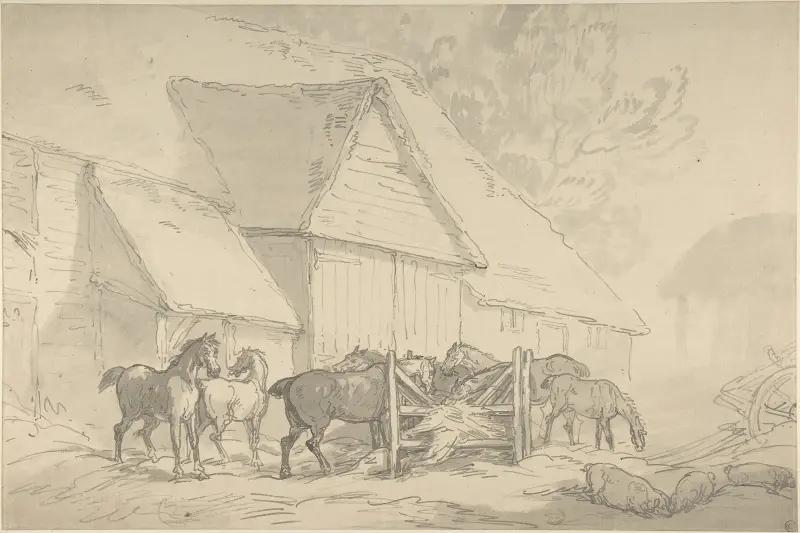 Stallgård med hästar av Thomas Rowlandson