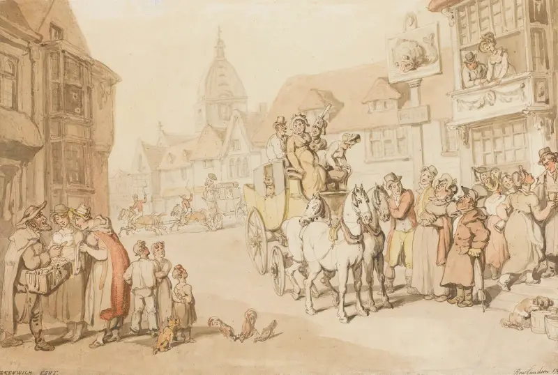 The Arrival Of A Coach At The Dolphin Inn, Greenwich av Thomas Rowlandson