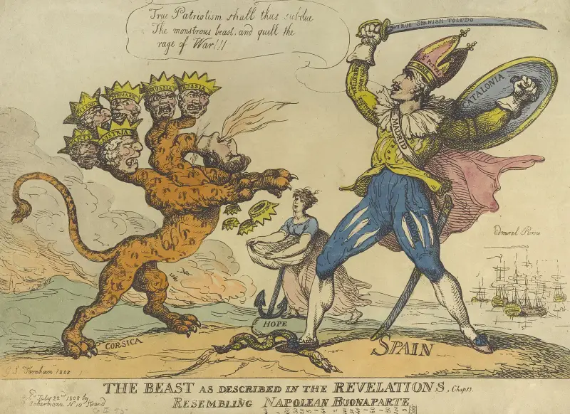 Vilddjuret som beskrivs i Uppenbarelseboken, kap. 13. Liknar Napoleon Buonaparte av Thomas Rowlandson