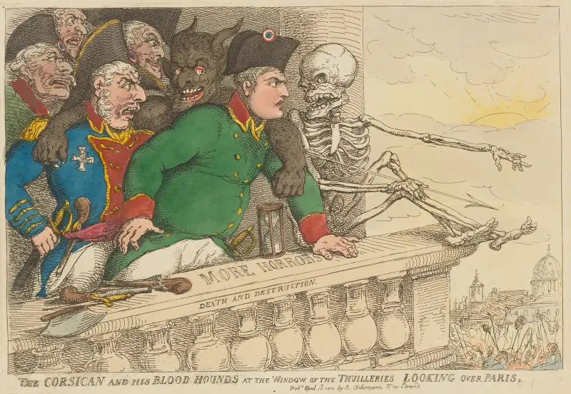 Korsikanen och hans blodhundar vid Tuileriernas fönster med utsikt över Paris av Thomas Rowlandson