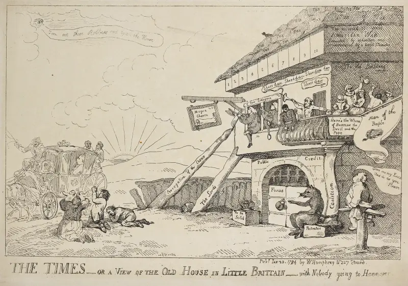 Czasy – czyli widok starego domu w Little Brittain – z nikim, kto jedzie do Hanoweru, Thomas Rowlandson