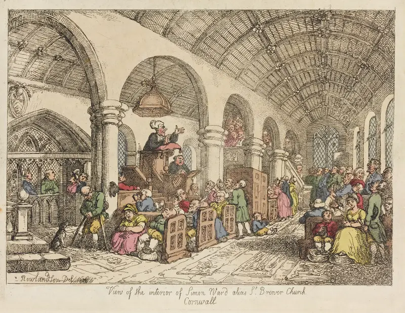 Blick ins Innere der Kirche von Simon Ward alias St. Brener, Cornwall von Thomas Rowlandson