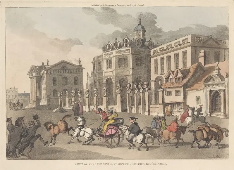 Utsikt över teatern, tryckeriet m.fl., Oxford av Thomas Rowlandson