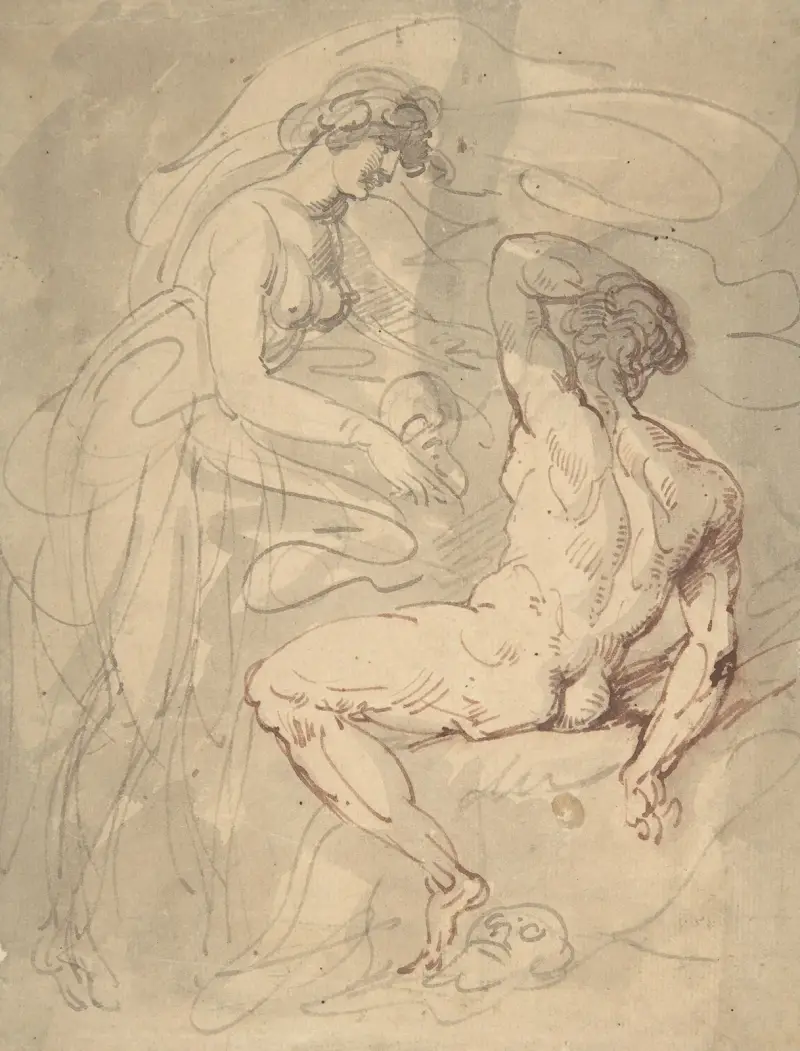 Kvinna som talar med en sittande naken man av Thomas Rowlandson