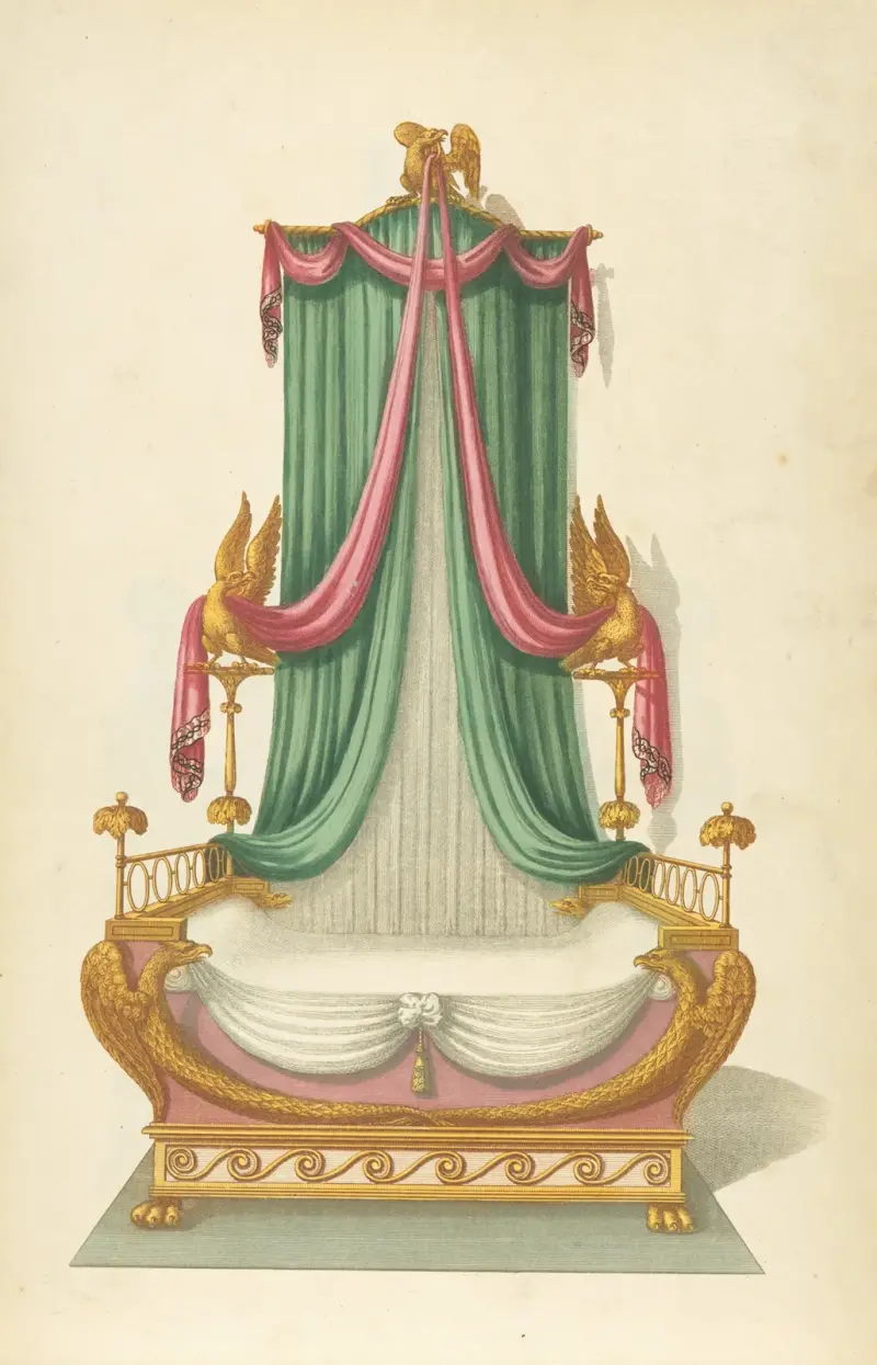 Säng med grönt och rosa draperi och dekorativa örnar av Thomas Sheraton