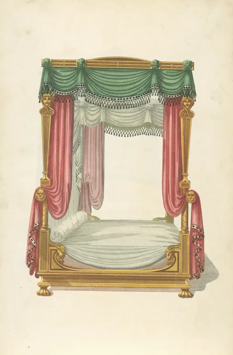 Canopy bed with green and red drapery. av Thomas Sheraton
