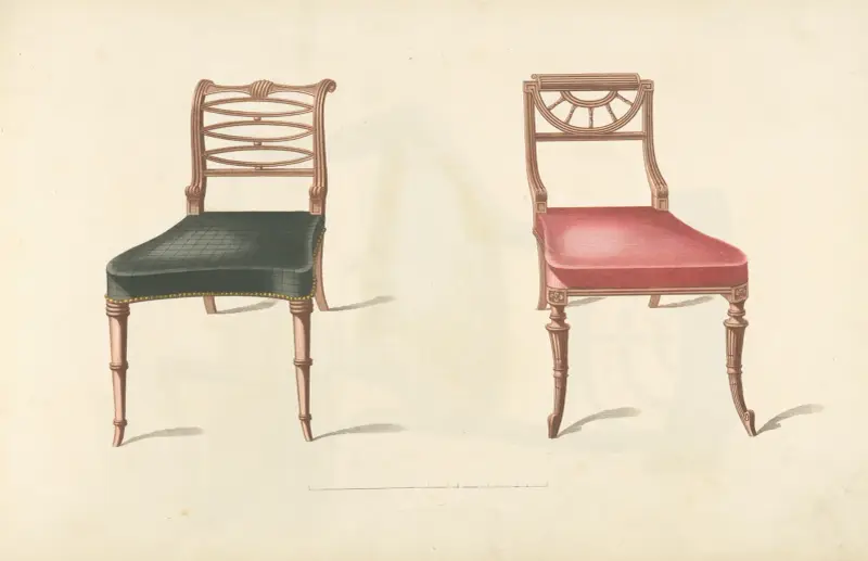 Two chairs with red, black cushions av Thomas Sheraton