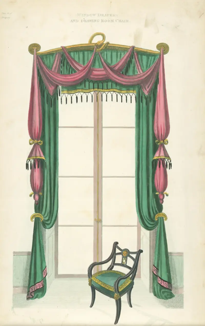 Window drapery and drawing room chair. av Thomas Sheraton