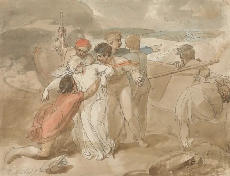 A Woman Rescued from the Sea and Assisted Ashore, Rowing Boat and Rescuers in Background av Thomas Stothard