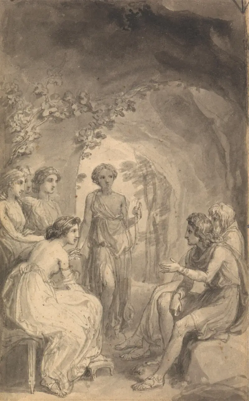 En av sex illustrationer till Fenelons 'Telemakos äventyr, Ulysses son' av Thomas Stothard