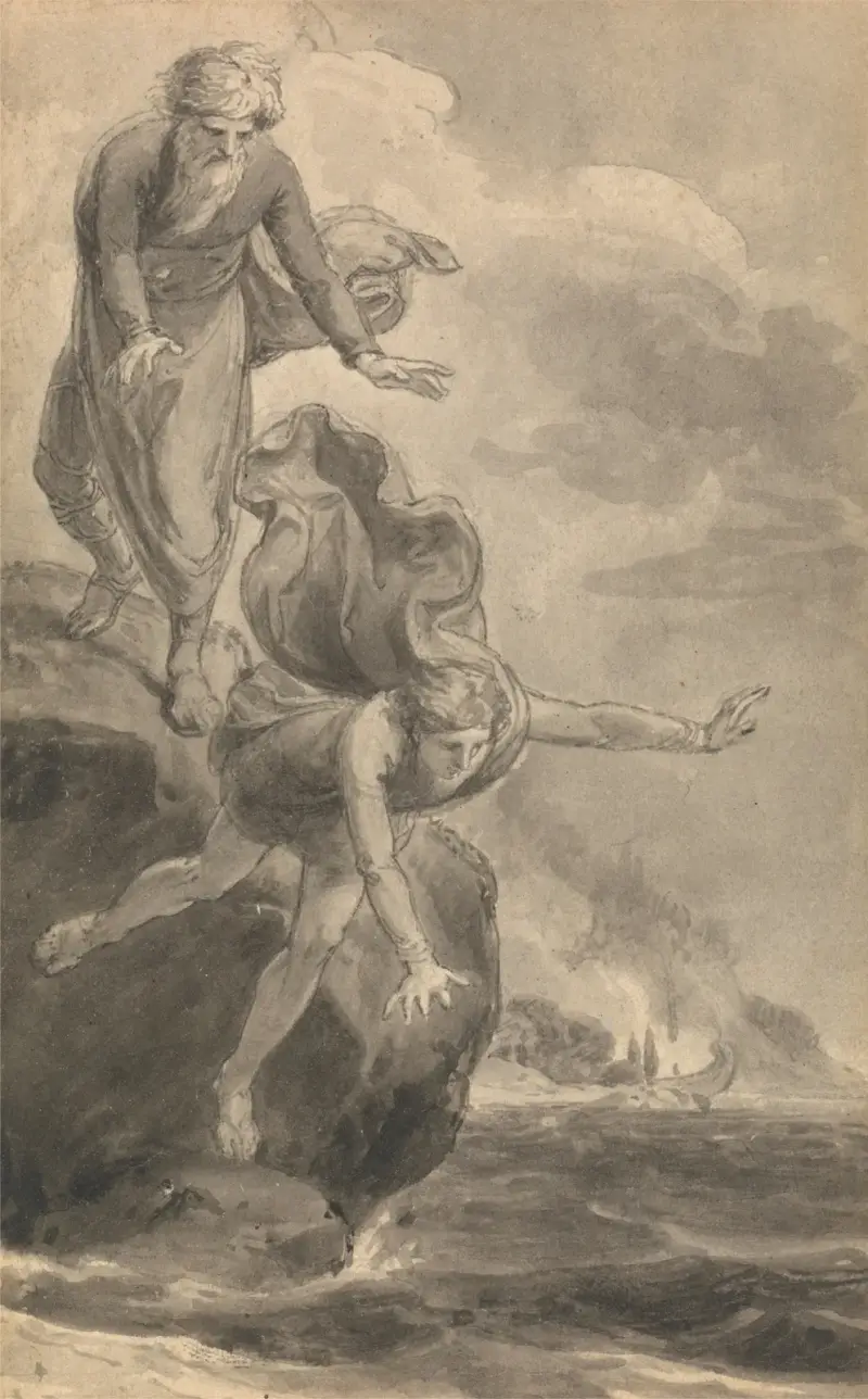 En av sex illustrationer till Fénelons ”Telemakos äventyr, son till Odysseus” av Thomas Stothard