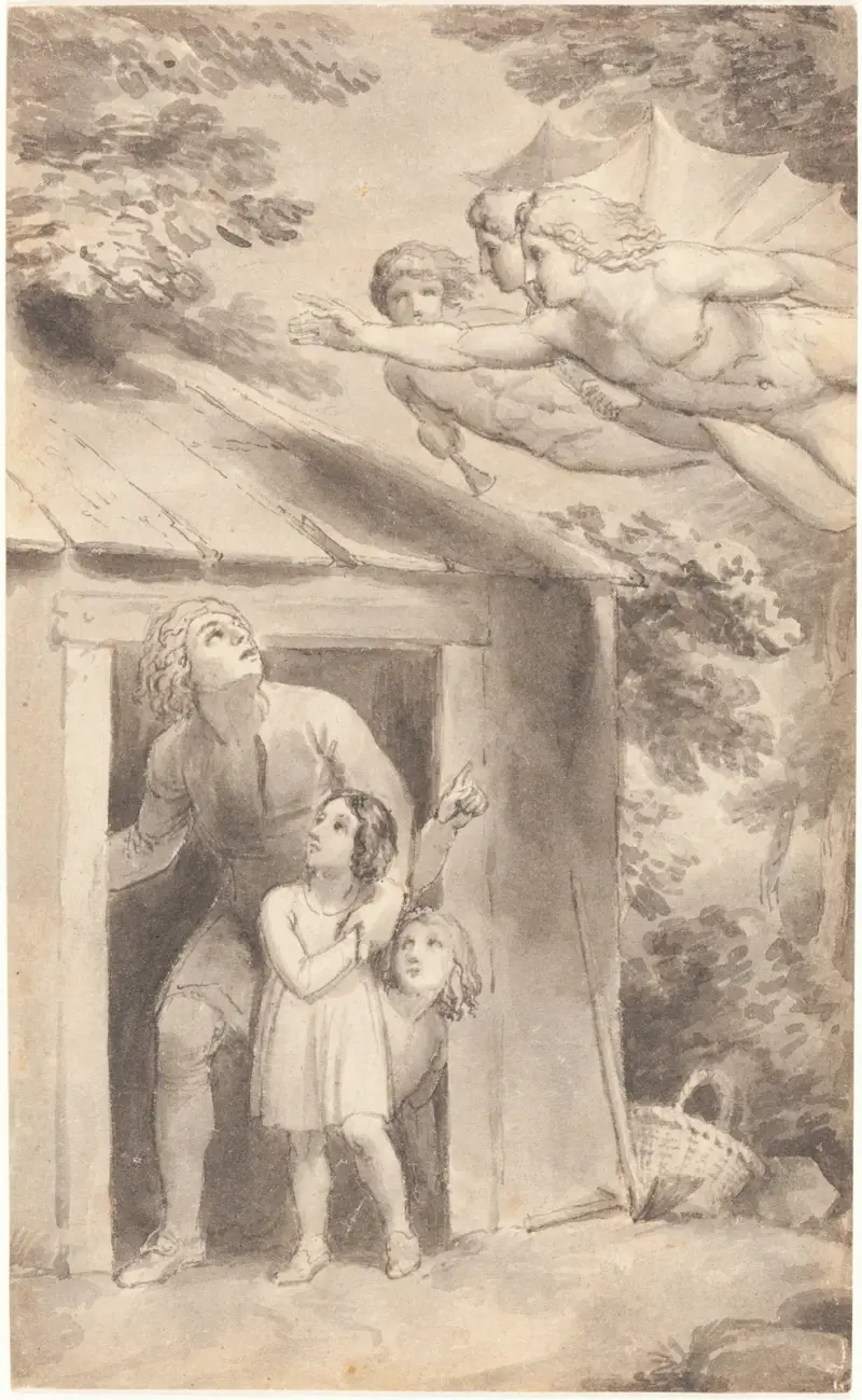 Petrus und seine Kinder, von drei fliegenden Gestalten besucht von Thomas Stothard