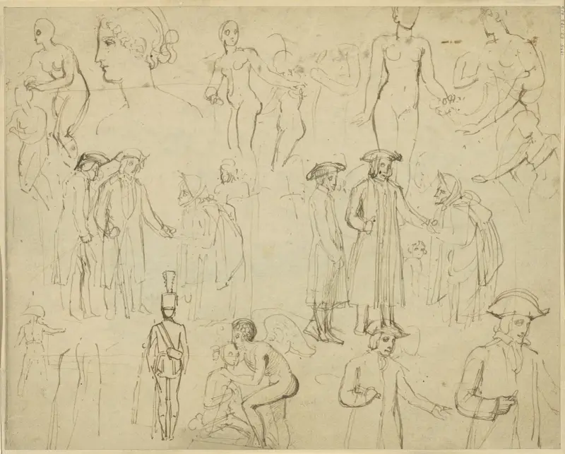 Roger de Coverley and the Gypsies (verso) av Thomas Stothard