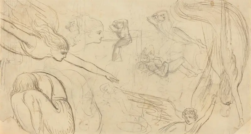 Studieblad med änglar och hopkrupna figurer (illustration till Macklins bibel) av Thomas Stothard