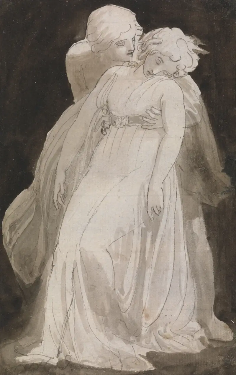 Fürsorge; ein Mann, der eine ohnmächtige Frau stützt von Thomas Stothard